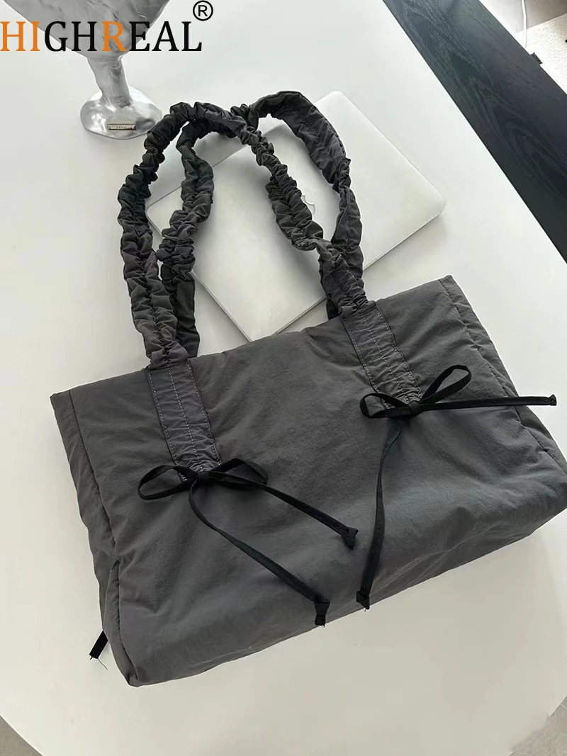 Korean Casual Tote Bags For Women Luxury Designer Handbag Purses New In Polyester Ruched Straps Bow Large Capacity Shoulder