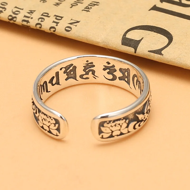 s925 Thai silver six words mantra lotus ring female Lotus national fashion scriptures silver ring vintage ring