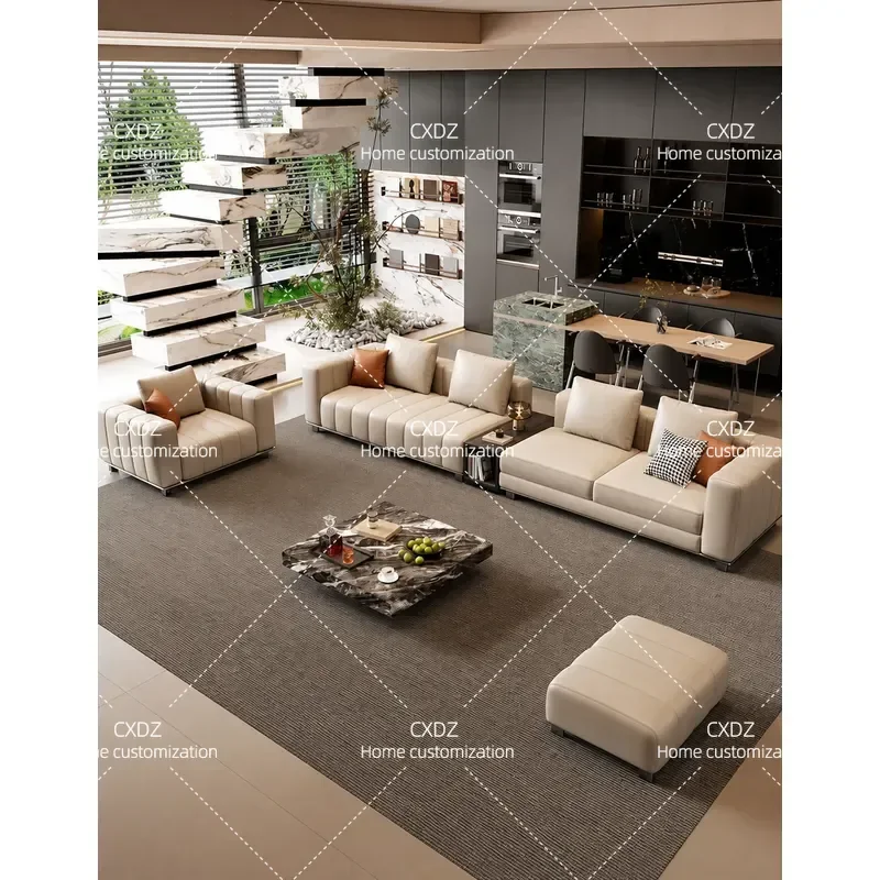 Leather Sofa for Living Room Villa Large Apartment High End Piano Key Design Straight Row Couch Modern Furniture