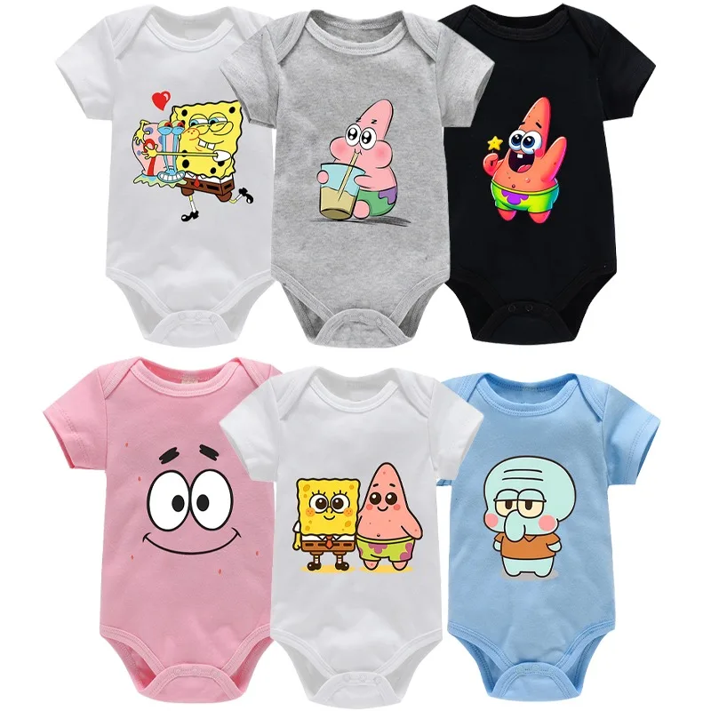 SpongeBob SquarePants 100% Cotton Romper Cartoon Anime Pattern Printed Comfortable Bodysuits Unisex Summer Clothes Party Gifts