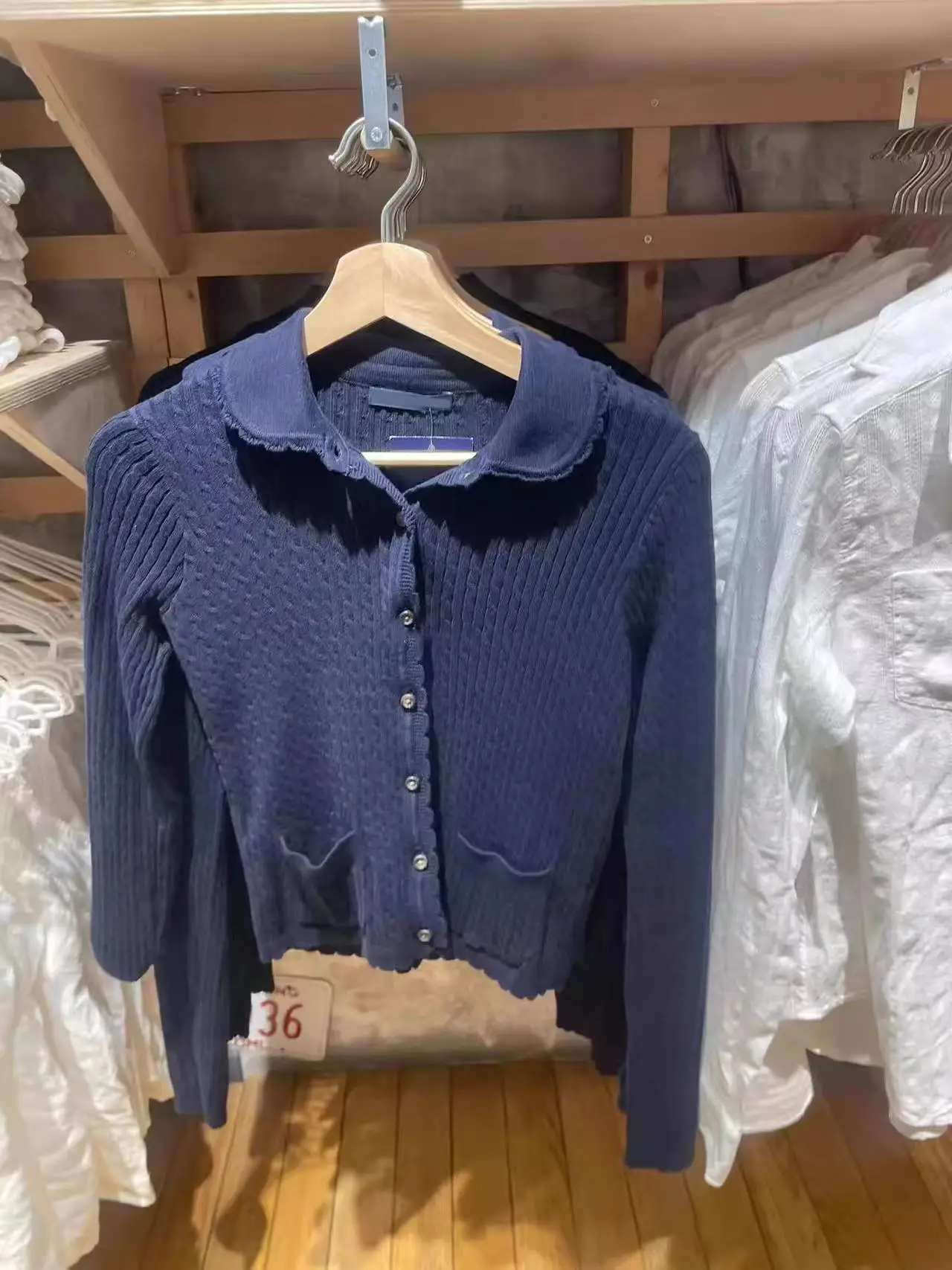 البحرية Twsit جيب كابل سليم سترة قصيرة سترة المرأة الدانتيل تقليم بيتر بان طوق بسيط عادية محبوك كم طويل ملابس خارجية #2