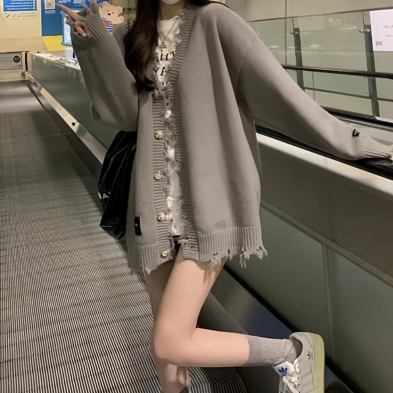 

V-neck Broken Knitted Cardigan Sweater Women Korean Fashion brands Design Basis Autumn Sweater Jacket New Winter Warm Loose Top