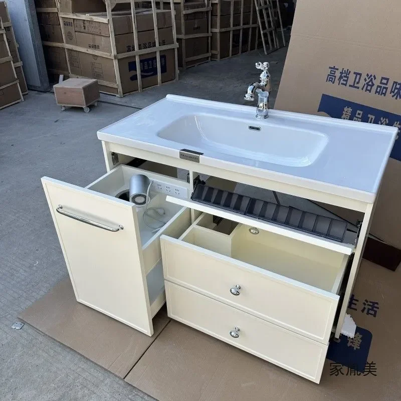 Solid Wood Bathroom Vanity with Ceramic Basin Pull Out Basket Hair Dryer Socket Integrated Sink Cabinet Combo