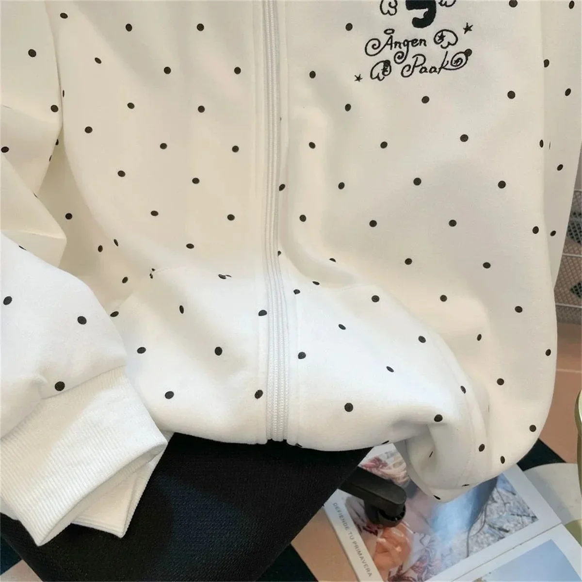 Niedlicher Polka-Dot-Katzen-Hoodie mit Stickerei, Herbst-Winter, süßer, lockerer Schnitt, Reißverschluss-Cardigan-Jacke, Harajuku Casual Sweatshirts, Neu 2025 – Detail 5