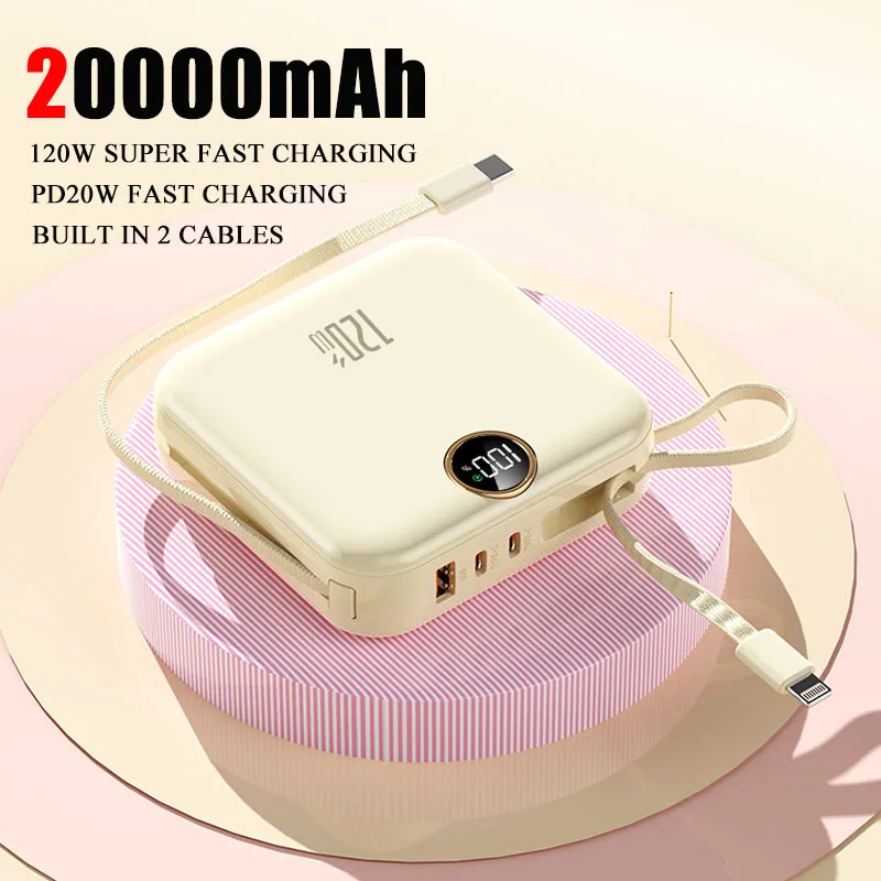 

Power Bank 20000 мАч Портативное зарядное устройство 120 Вт Супер быстрая зарядка Powerbank со встроенными кабелями для iPhone Xiaomi Внешний аккумулятор