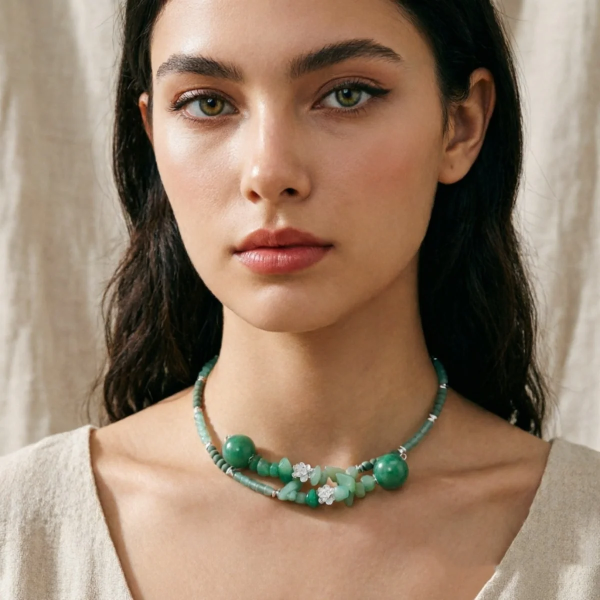 Vintage Ethnische Grüne Naturstein-Halskette mit Unregelmäßigen Perlen für Frauen und Männer, Chinesischer Stil, Silberfarbener Lotusblumen-Choker Schmuck – Detail 16