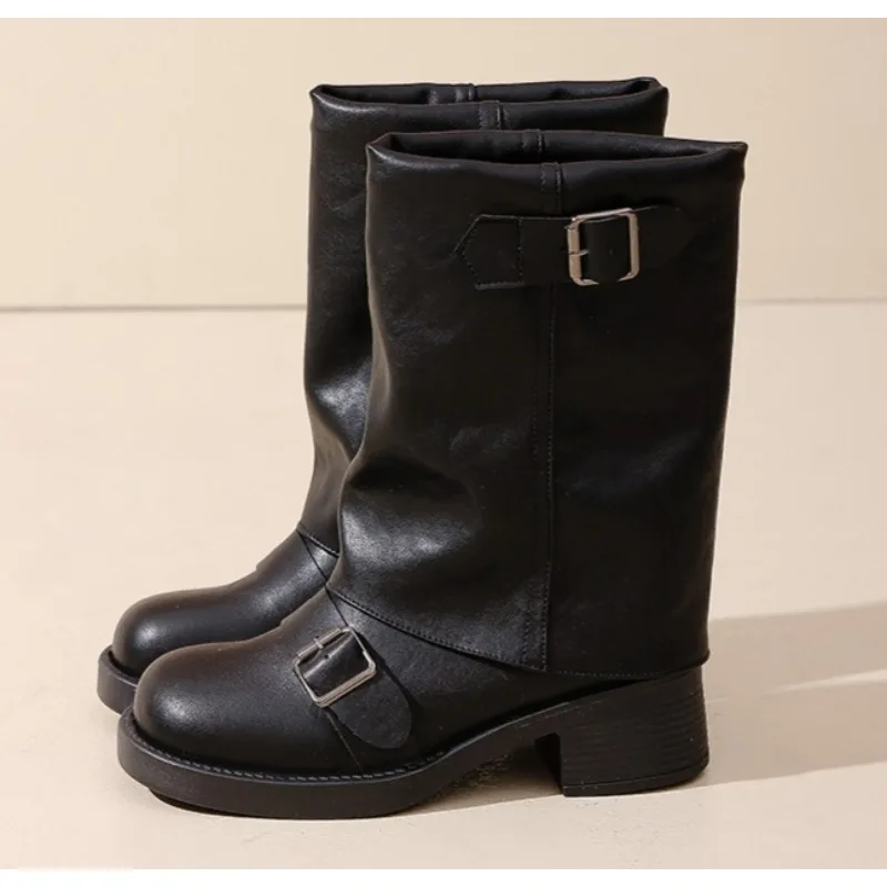 

Luxury Women's Boots Slip on Female Mid-calf Boots Retro Biker Boots Fashion Block Heels Women Shoes Pu Leather Zapatos De Mujer