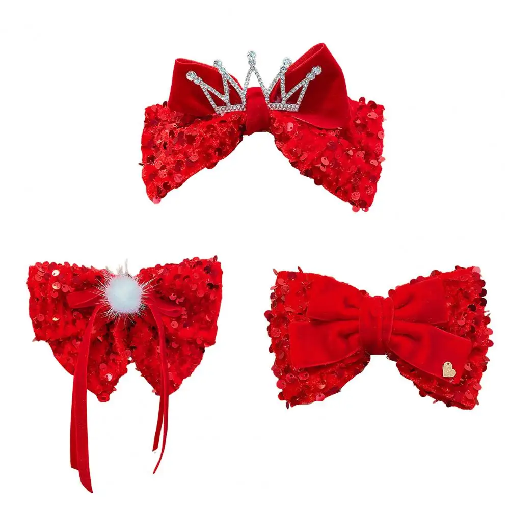 Hair Clip Attractive Crown Sequins Heart Shape Cloth New Year Bow-knot Hair Clip Birthday Gift