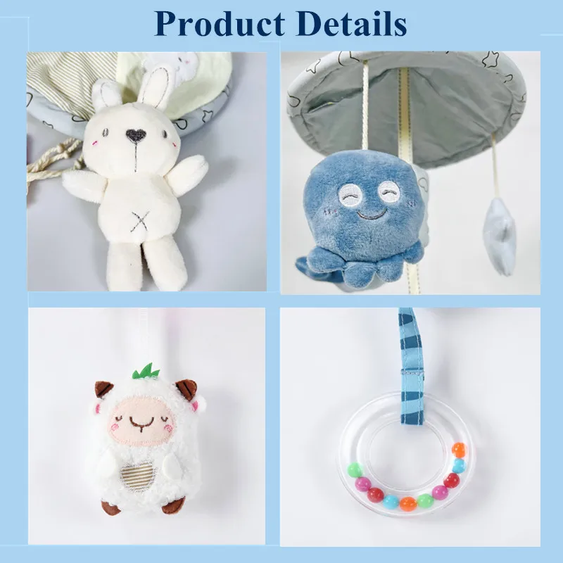 신생아 침대용 회전 딸랑이 장난감 부드러운 플러시 동물 모양 침대 모빌 벨 윈드 차임 아기 카시트용 딸랑이 클립