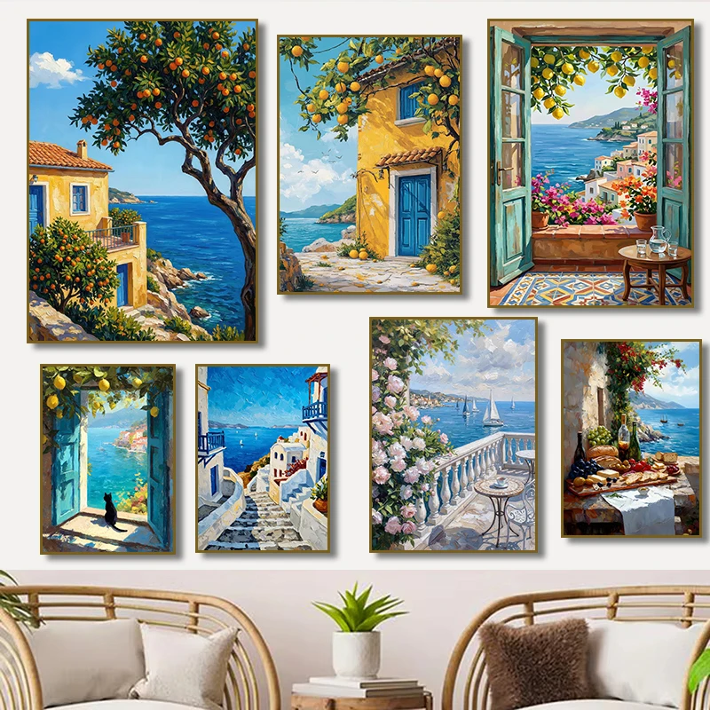 Aesthetic Mediterranean Coastal View Through Open Doors Lemon Tree Poster Print Canvas Painting Still Life Home Decor Cuadros