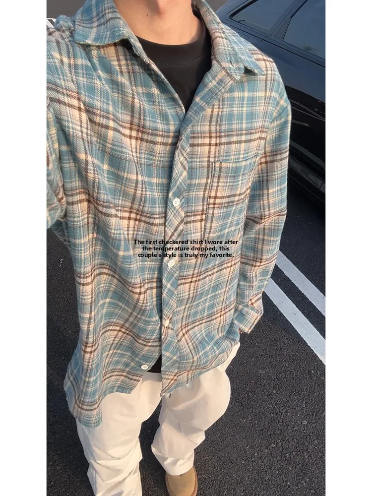 

Мужская рубашка Cleanfit синяя в клетку с длинным рукавом, в американском стиле барокко, весенне-осеннее пальто, повседневное, свободного кроя, из полиэстера и хлопка.