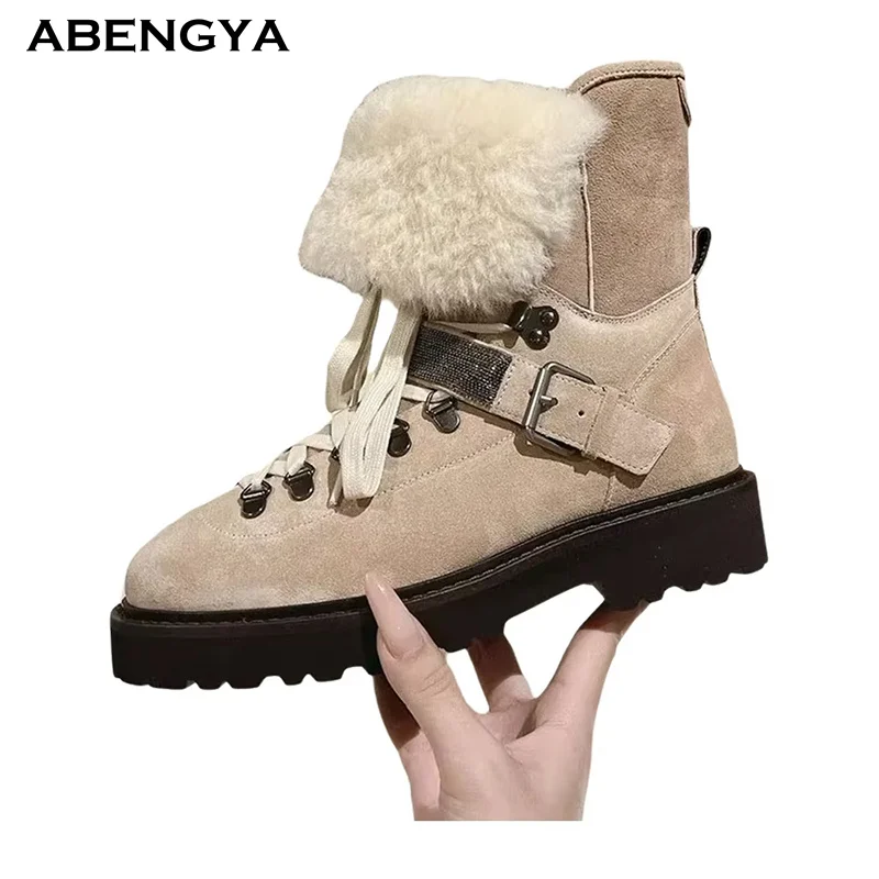 2026 Winter New Suede Middle Calf Boots Women Round Toe Lace Up Wool Short Boots Designer Casual Party Chelsea Boots For Women