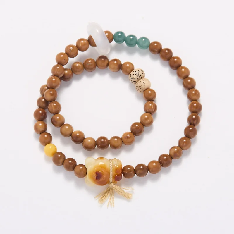 Natural 6MM Kukui Bodhi Bracelet Double Strand with Cute Amber Bear Charm Prayer Lucky Jewelry Gifts
