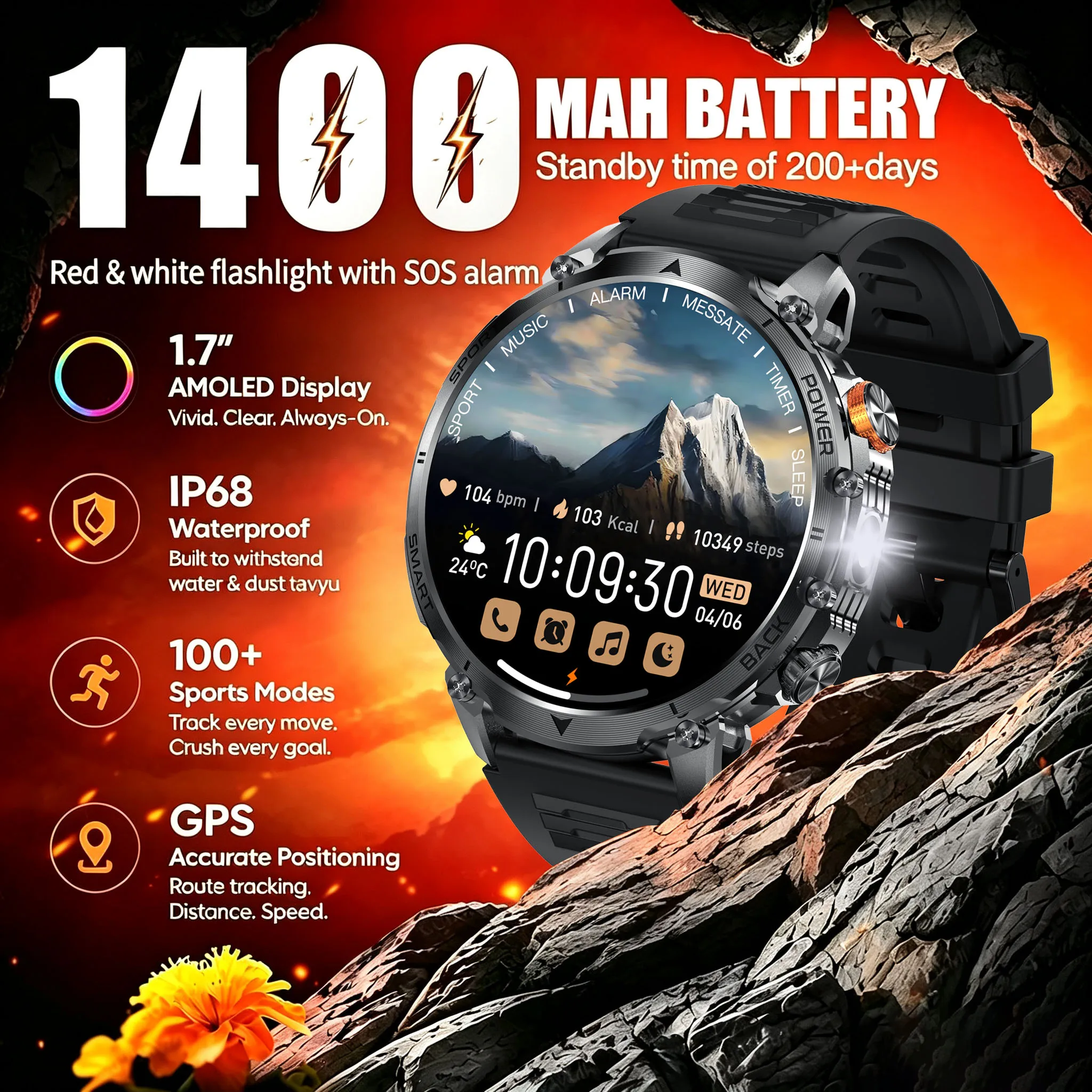 2026 New Outdoor LED Flashlight Hot Men Smartwatch 1400 mAh BT Call GPS Sport IP68 Waterproof Fashion Smartwatch For Android IOS