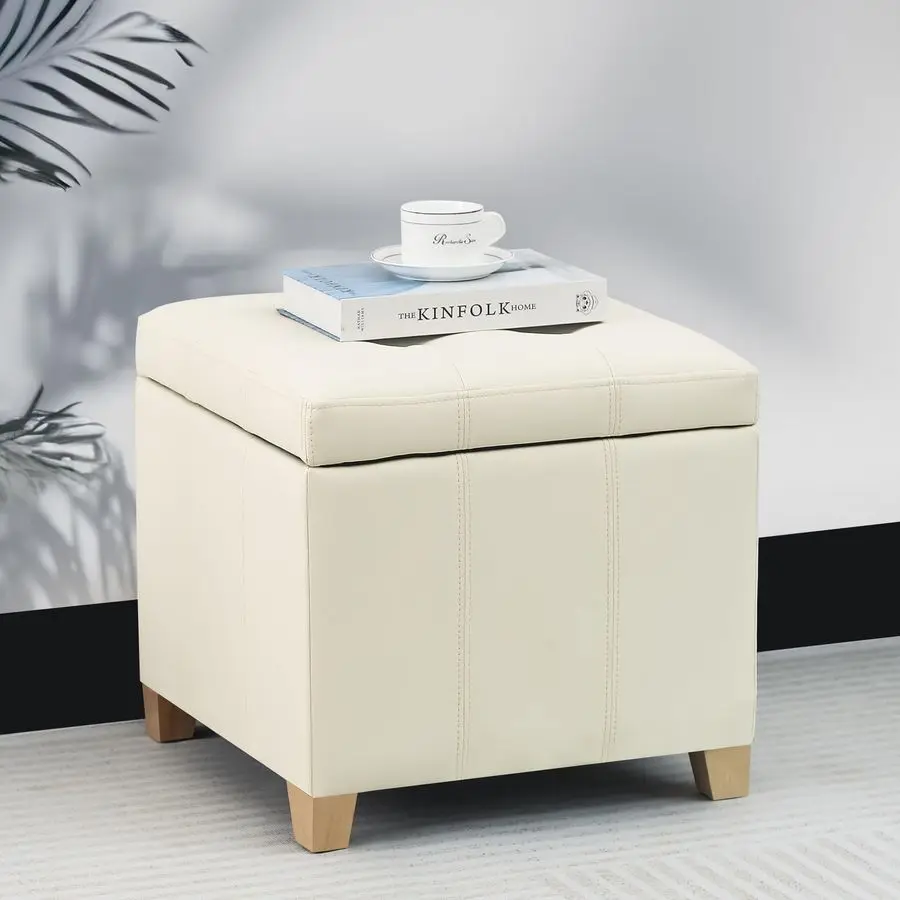 Faux Leather Storage Ottoman with Hinged Lid, 17.5 Inch High Cream White Square Cube Foot Stool with Storage, Upholstered Vanity