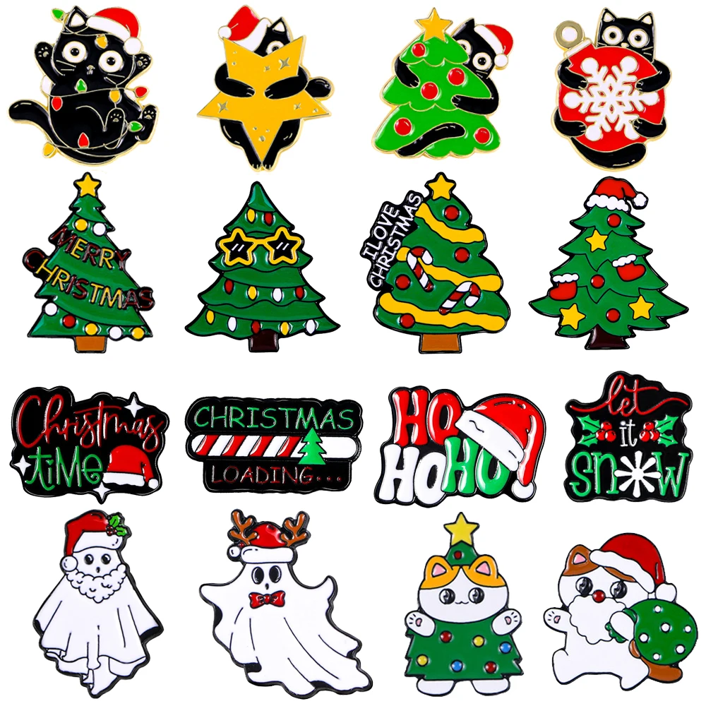 Christmas Cartoon Enamel Brooch Christmas Tree Ginger Candy Man Santa Kitty Santa Hat Ghost Metal Badge Punk Animal Pin Gif