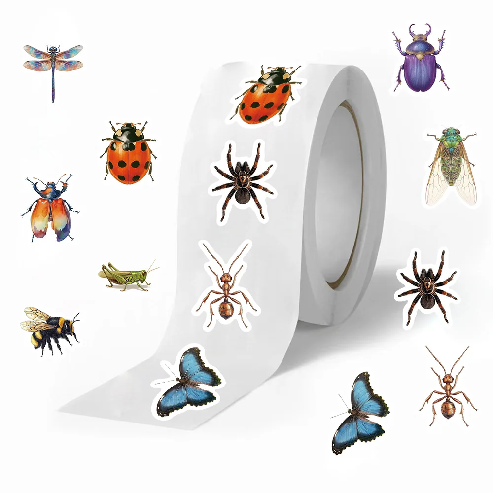 500Pcs/Roll  Insects Butterfly Spider Roll DecalsDIY Waterproof Stickers For Phone Scrapbook Suitcase Skateboard Helmet Sticker
