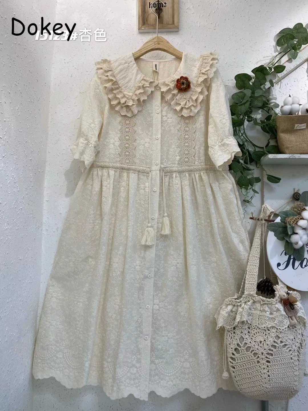 Women\'s Vintage White Hollow Out Dress Summer Japanese Mori Girl Lace Ruffled Turn-down Kawaii Dress Loose Cotton Linen Vestidos