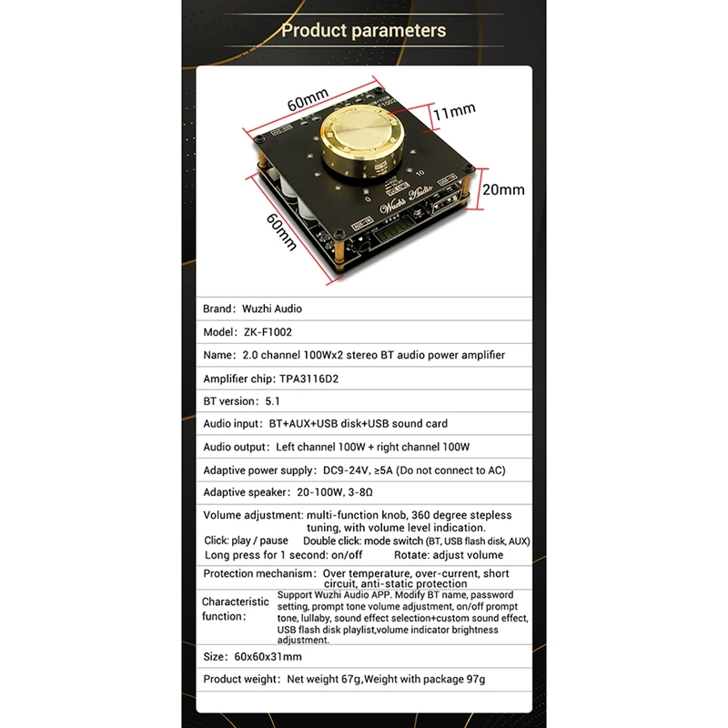 ZK-F1002 wskaźnik głośności TPA3116D2 2.0 kanał 1 00 wx2 Stereo BT wzmacniacz Audio moduł tablicy