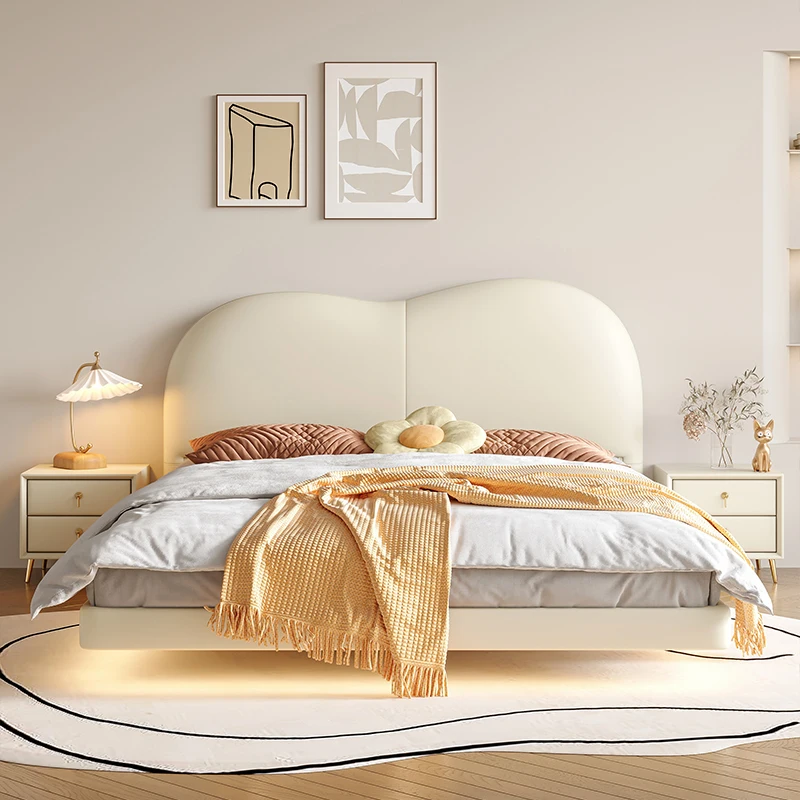 

Pretty Elegant Luxury Double Bed Modern Cream Leather Italian Wood Queen Bed Bedroom Comferter Cama Box Casal Bedroom Furniture