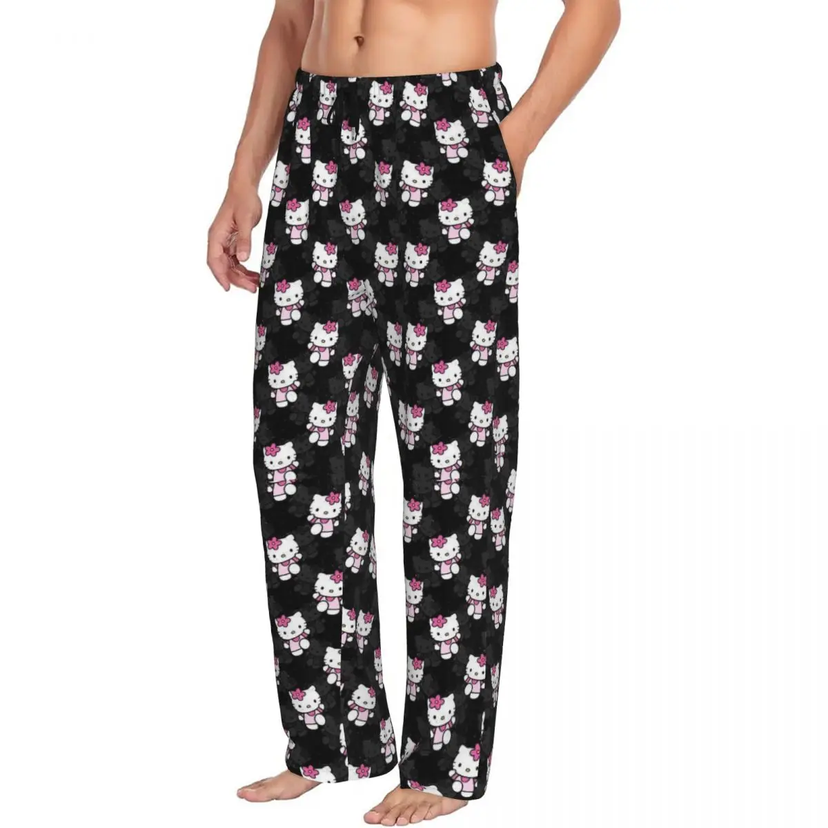 Pantalones de pijama personalizados de Hello Kitty para hombres, ropa de dormir, pantalones para dormir elásticos con bolsillos