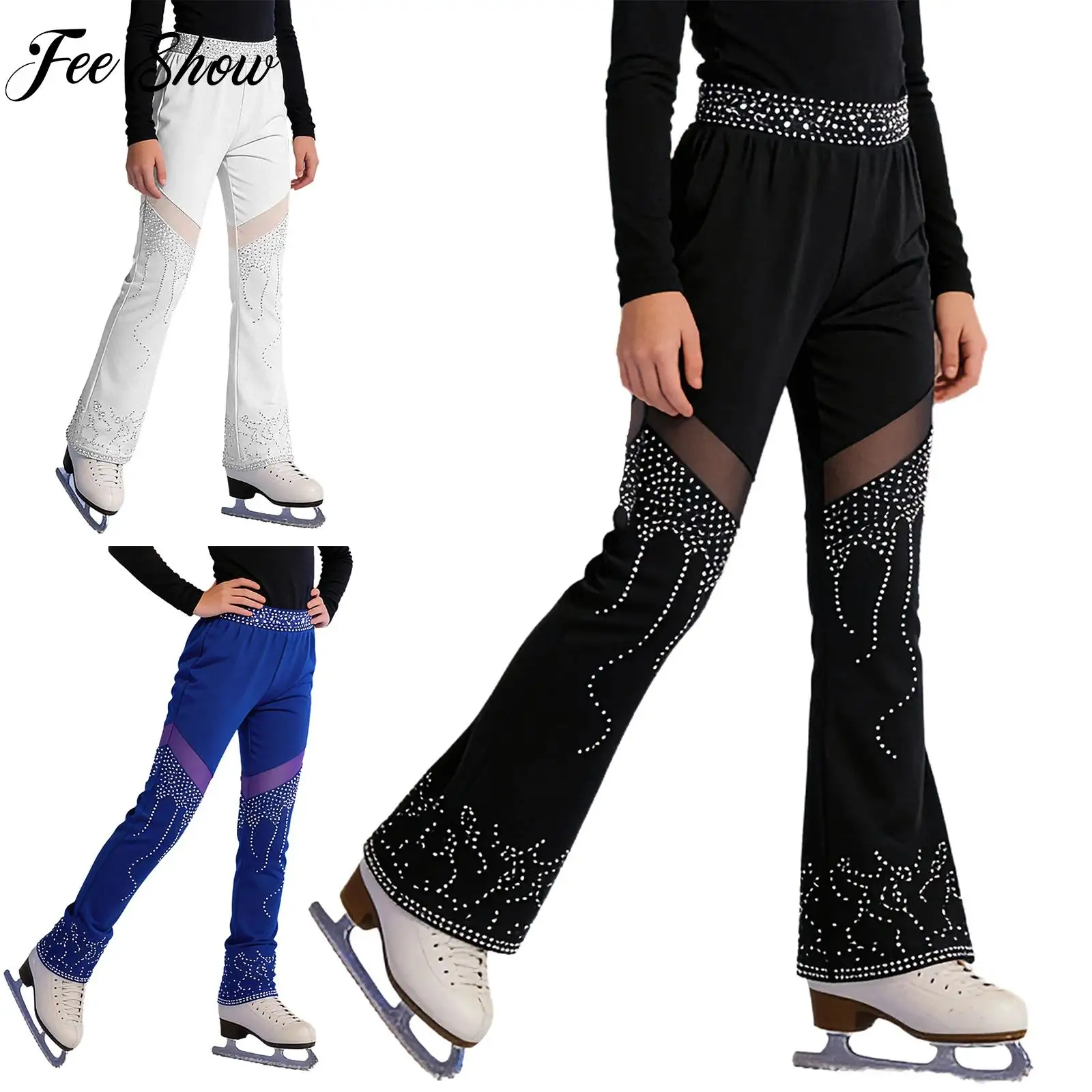 

Брюки для художественной гимнастики и фигурного катания для девочек, тонкие леггинсы на флисовой подкладке, эластичный пояс, сетчатые брюки с блестящими стразами