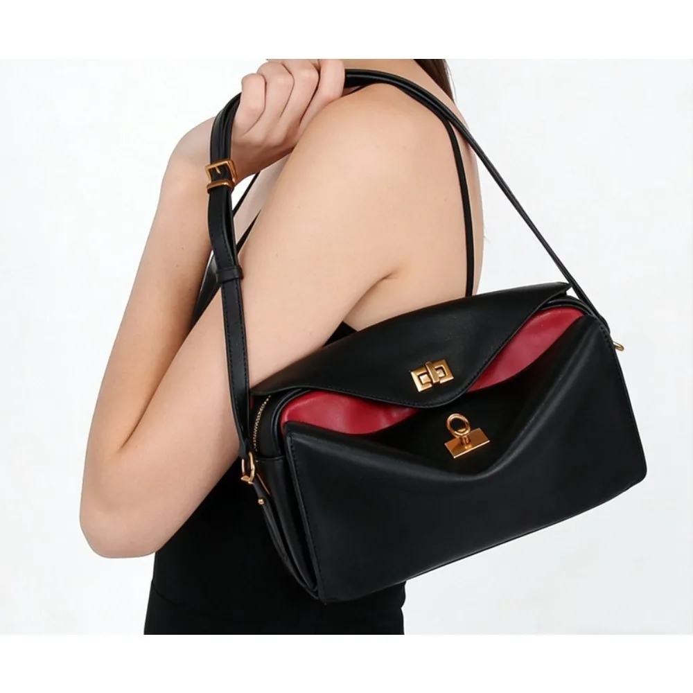 New High-end Lock Shoulder  Simple Black Red Color Matching Multi-compartment Mailman Messenger Women's Bag Versatile Fashion