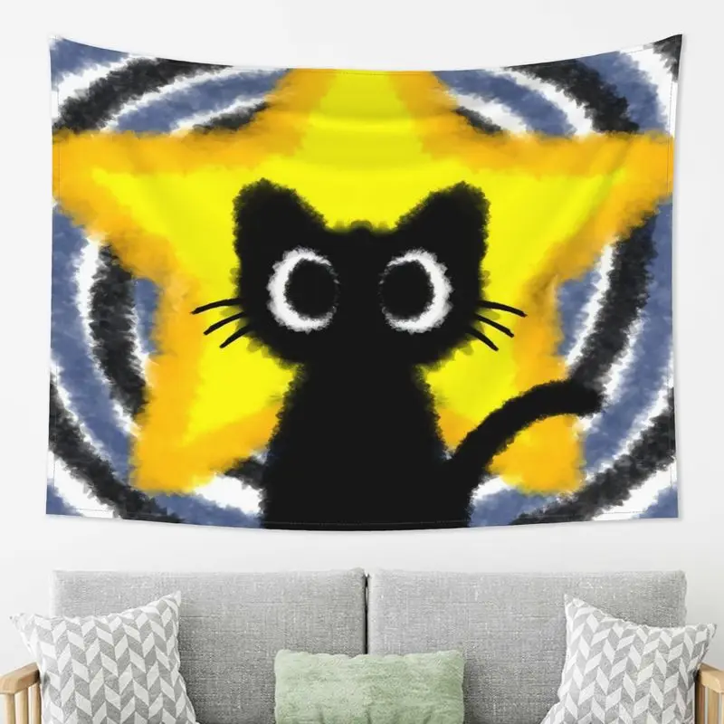 Wall Tapestry Cute Star Black Cat Tapestry Watercolor Style Cartoon Cat Printing Hanging Cloth Bedhead Background