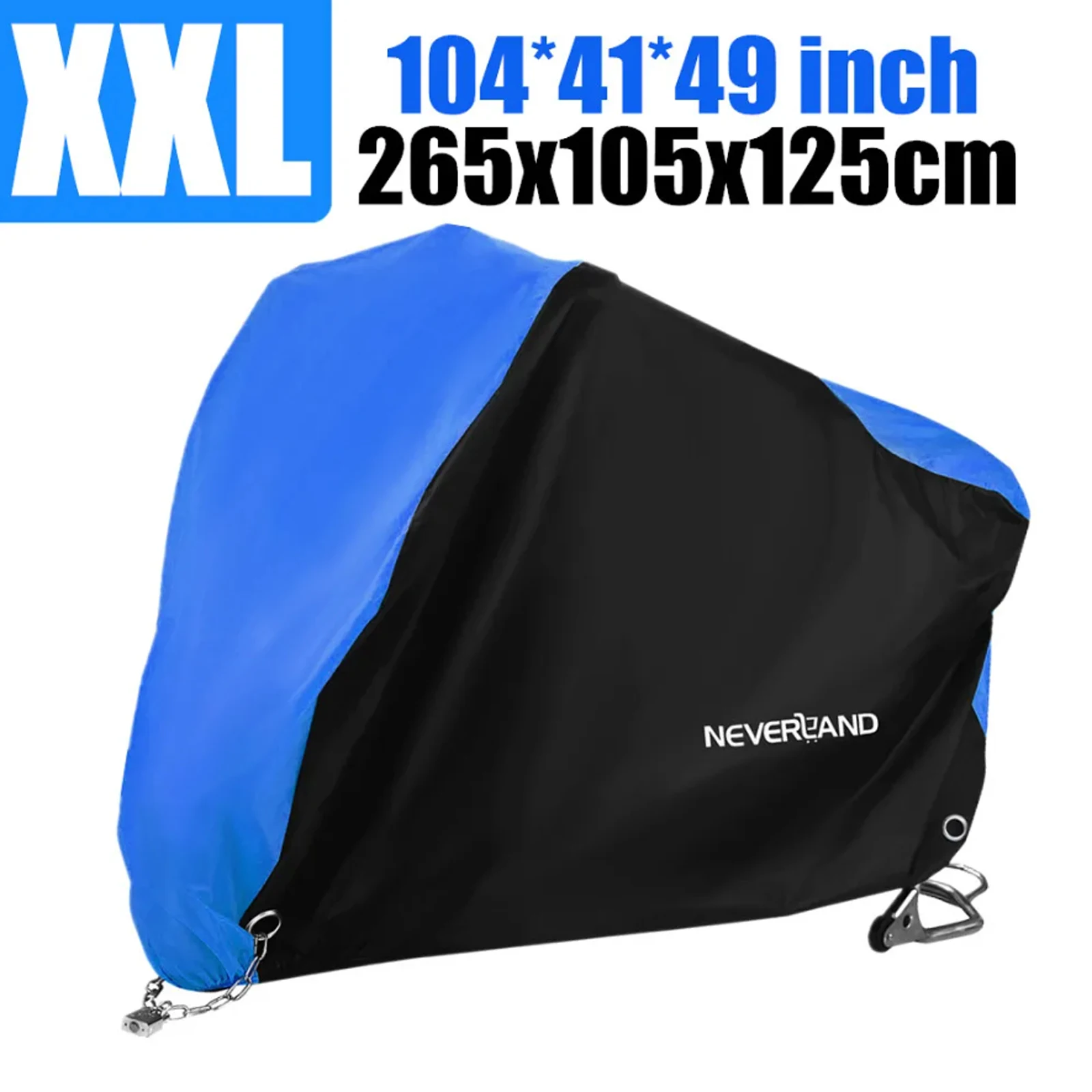 

NEVERLAND Motorcycle Cover, Motorbike Accessories, Size XXL Fits Up To 265*105*125 Motorcycle Vehicle, Black & Blue