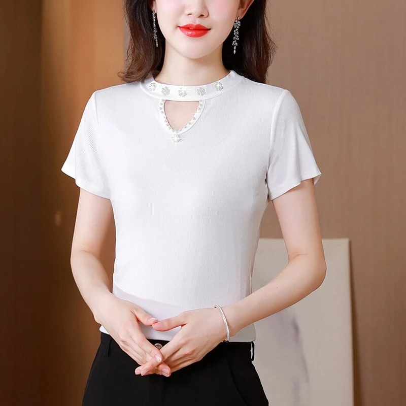 아이스 실크 모달 또는 스웨이드 니트 티셔츠 여성 슬림핏 베이스 티셔츠 여름 신상 캐주얼 클래식 라운드 넥 탑