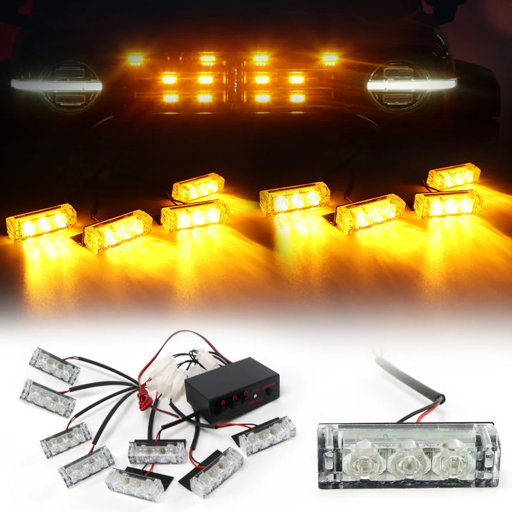 12V Car Grille LED Strobe Light 8x3 LED Mini Flash Lamp Daytime Running Lights Police Emergency Warning Flashing Signal Light