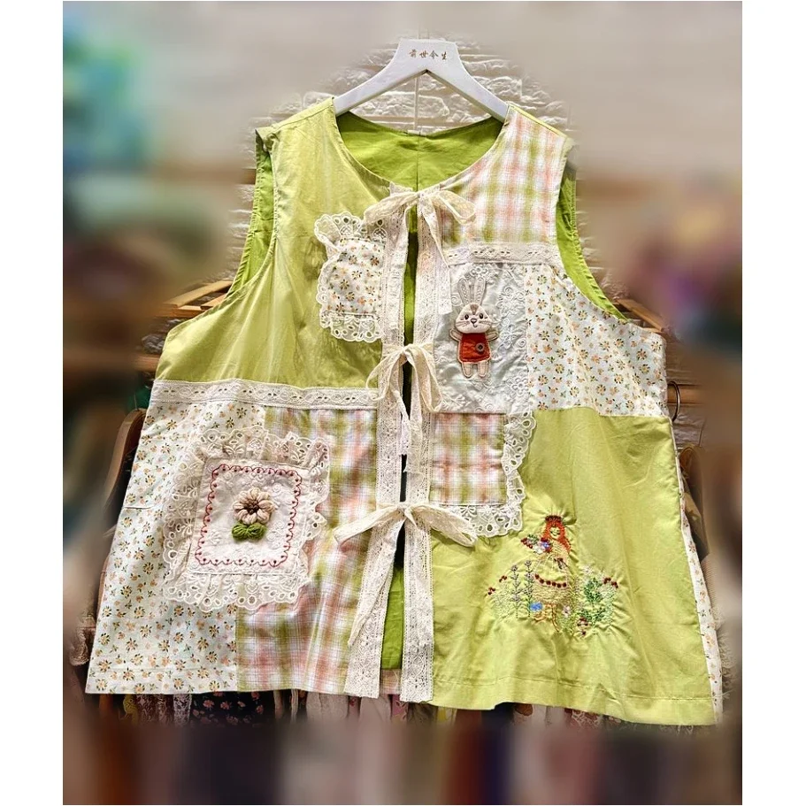 Gilet Patchwork in pizzo con ricamo in cotone retrò Chic Vintage gilet giapponese Mori Girl Kawaii Cottage Core Sweet Cute Shabby Chic Vest