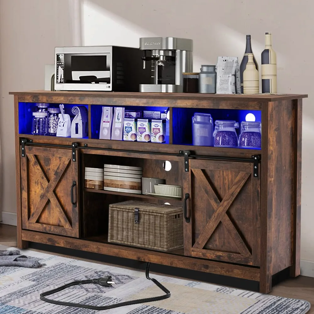

Farmhouse LED Coffee Bar Cabinet Barn Door Sideboard Buffet with Power Outlet