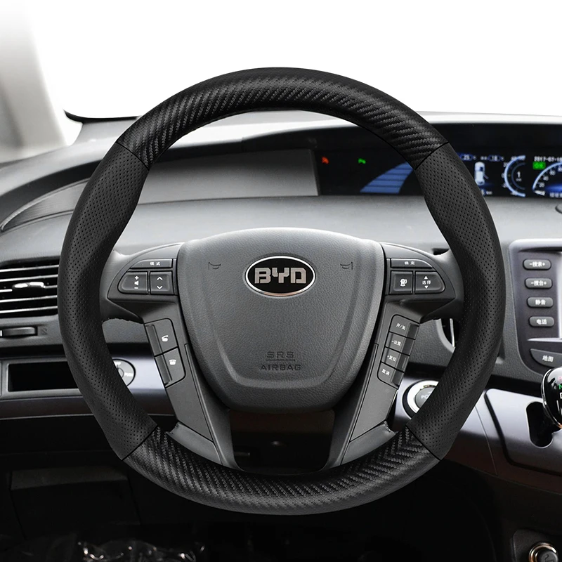 For BYD Carbon Fiber Texture Perforated Leather Steering Wheel Cover Dolphin Mini Atto 3 Seal U Song Plus King Seagull F3 Pro