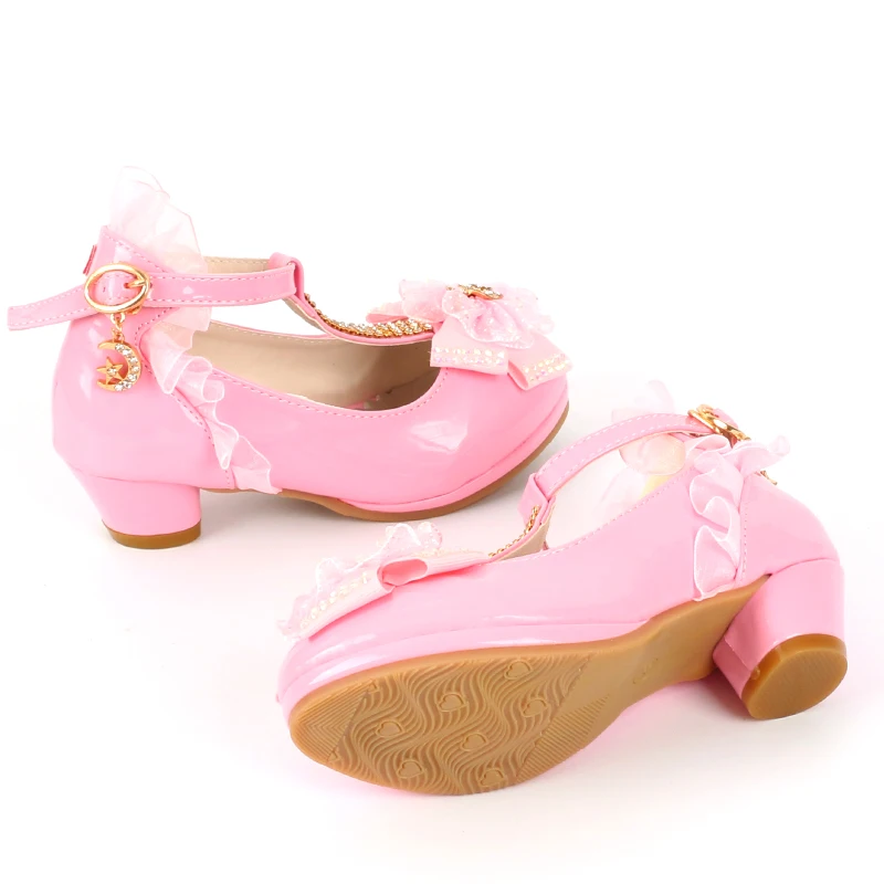 ULKNN Girls Sandals high heel pink leather Buckle Strap children's Bowtie White Shoes size 26-37 soft Kid shoes enfant