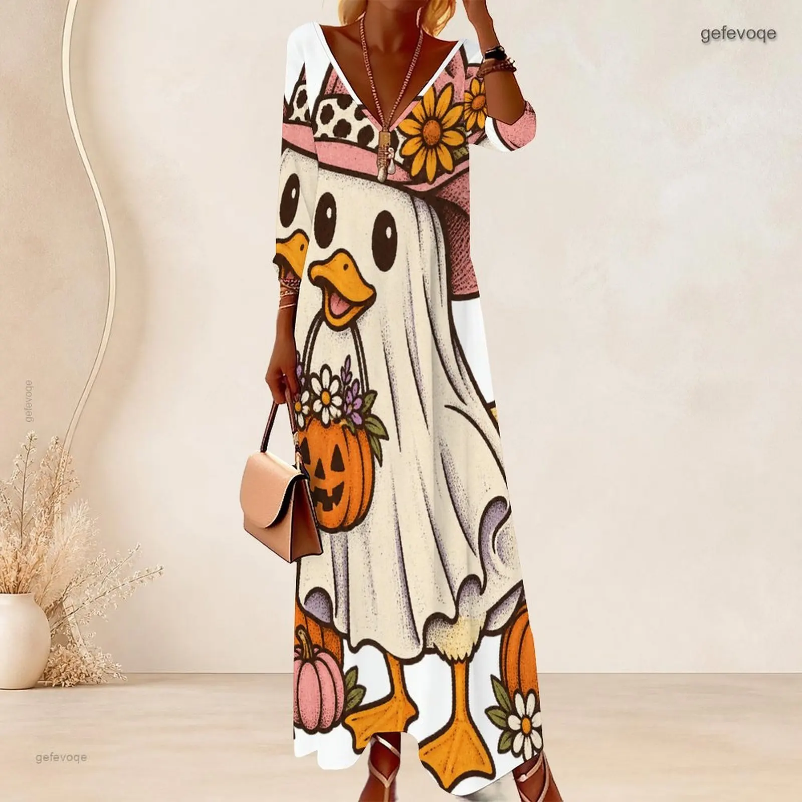Women Deep V Neck Maxi Dress 3/4 Sleeve Loose Straight Long Dress Custom Print Casual Vacation Beach Ladies Floor Length Dress