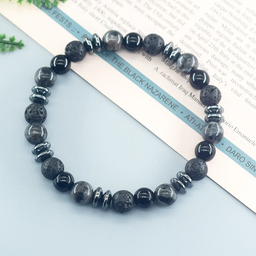 Classic Black Natural Labradorite Volcanic Stone Beads Bracelet Women Men Spiritual Protection and Energetic Banlance Jewelry