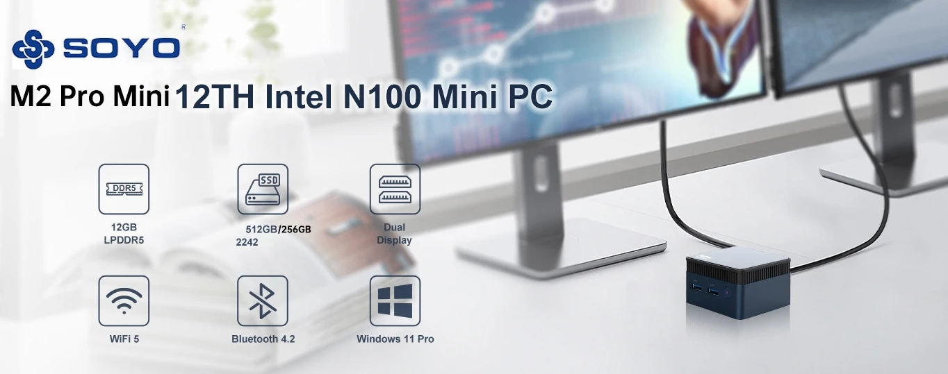 Meijie SOYO Mini PC M2 ProMini, CPU Intel n100 dual band WiFi system window11 supports Bluetooth HDMI, 12GB RAM, 256/512GB ROM