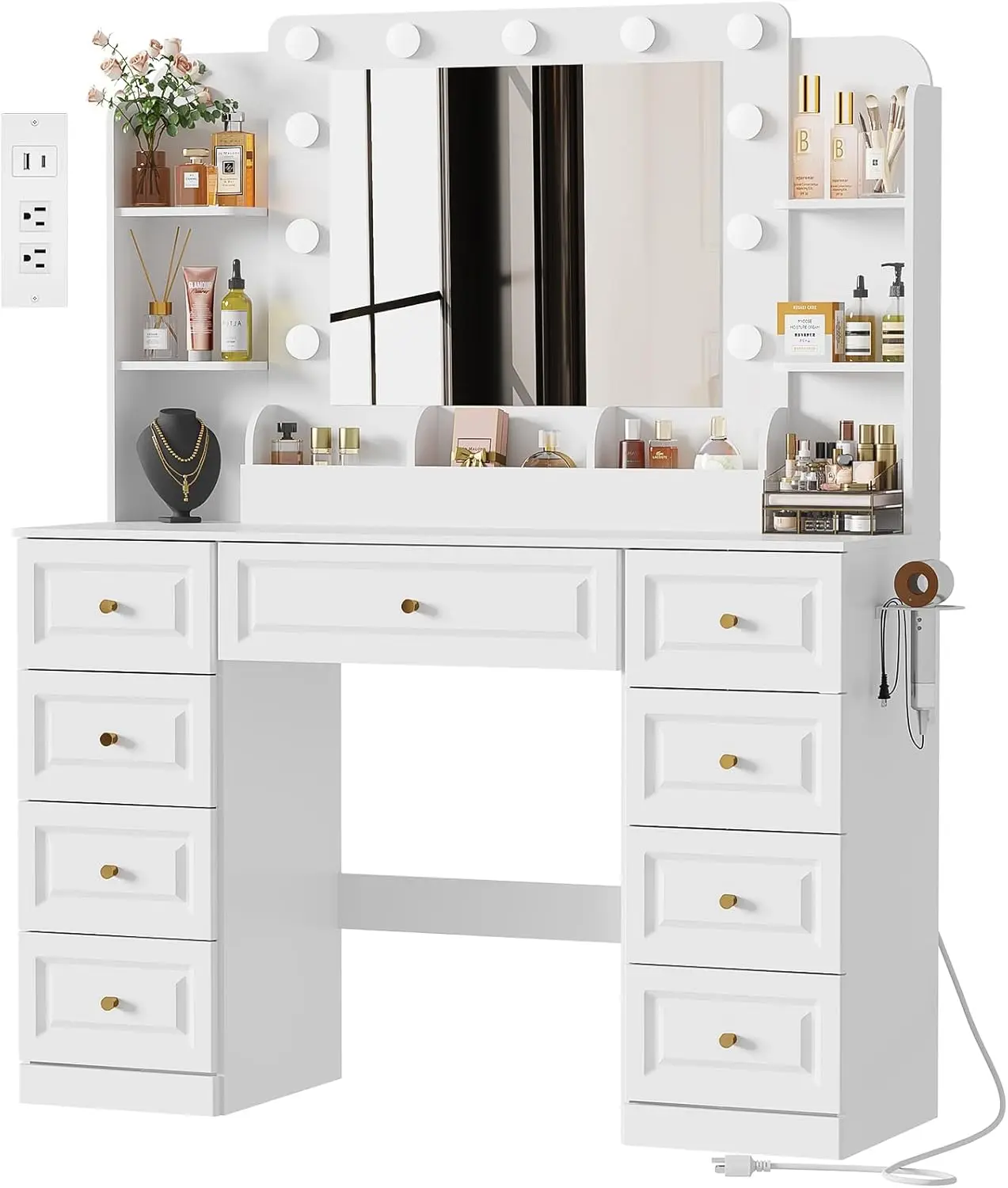 

Vanity Desk with LED Light Mirror & Power Outlet, VanityTable with 9 Drawers, Modern Luxury Large Makeup Vanity, 3 Color Modes
