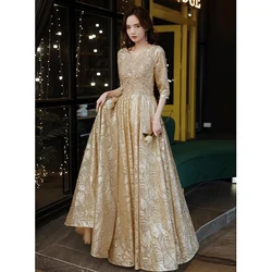 Gold Glitter Prom Dresses 2023 Luxury Appliques Beaded Lace Women Long Evening Gowns With Sleeves