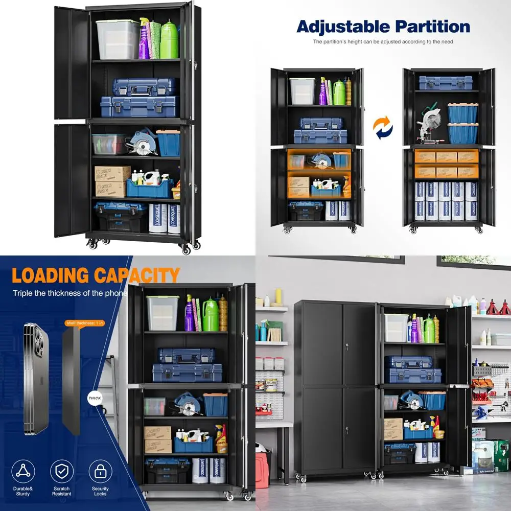 خزانة أدوات دوارة آمنة مع أرفف قابلة للتعديل وأبواب قفل، خزانة تخزين شديدة التحمل مع 4 عجلات، 73 ش