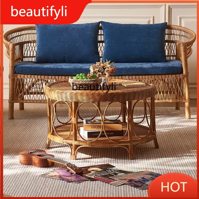

A139 Nordic Handmade Vintage Plant Rattan Coffee Table Living Room Art Mid-century Style Round Rattan Small Tea Table