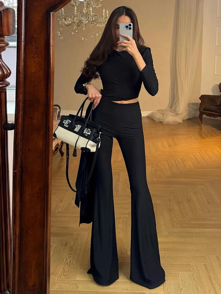 큐트뉴 클래식 스트릿 여성 2피스 세트 트렌드 솔리드 심플 스플릿 긴팔 O넥 롱탑+하이웨이스트 팬츠 여성 정장