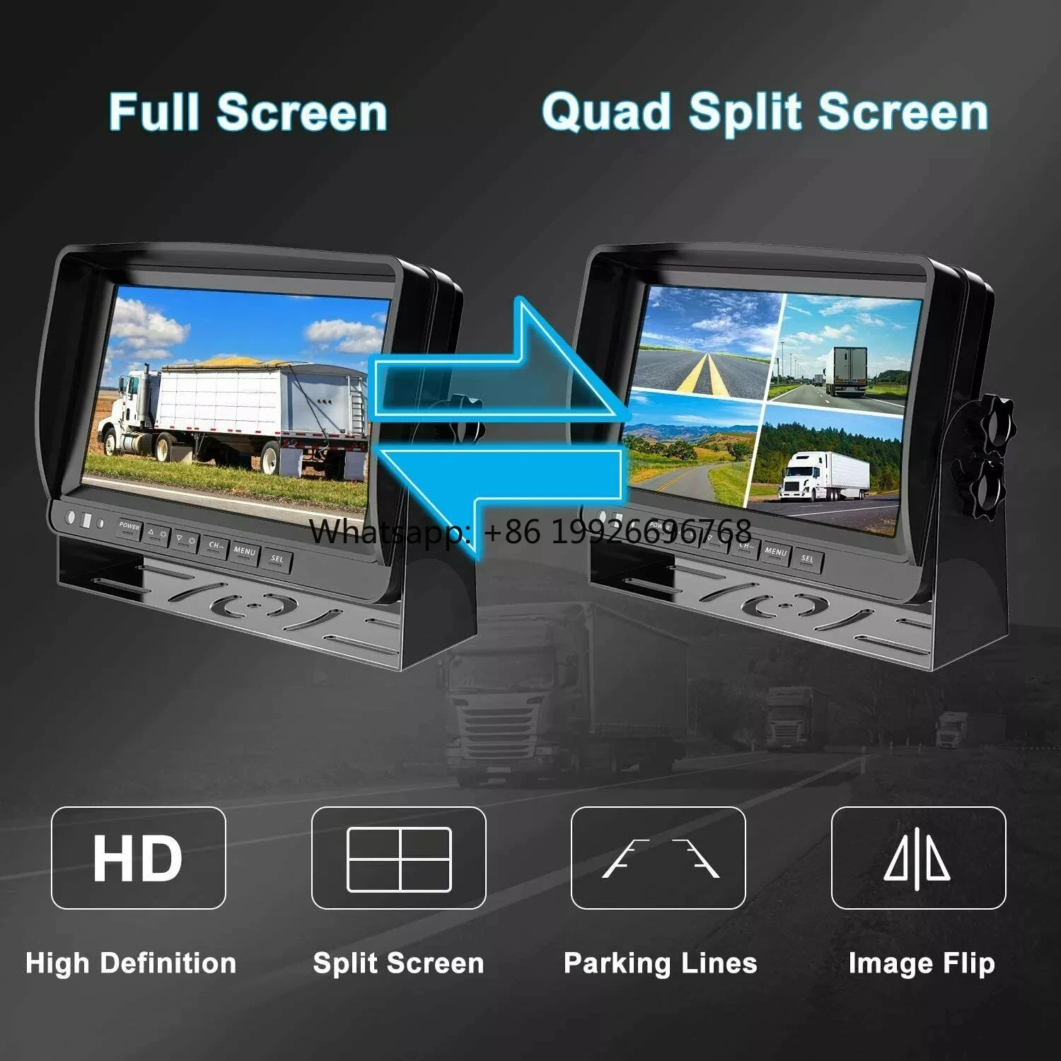 

9 Inch Quad Monitor HD DVR Recorder 4 Channel Waterproof Night Vision Rear View Backup Camera System for Truck Caravan Bus RV ma
