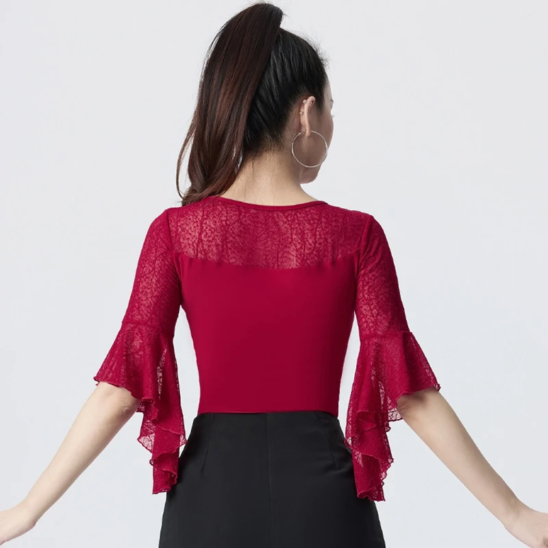 Haut de danse de salle de bal rouge 3 couleurs, haut de danse moderne Standard pour femmes, justaucorps de danse en dentelle, vêtements d'entraînement latin pour adultes, noir AMY2213