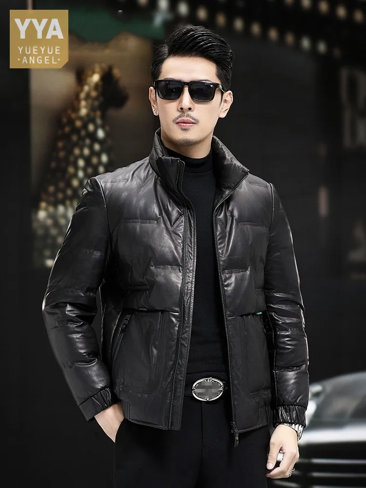 

Genuine Leather Jacket Men Winter Stand Collar White Duck Down Coat Business Work Thick Warm Overcoat Slim Fit Cowhide Jacket