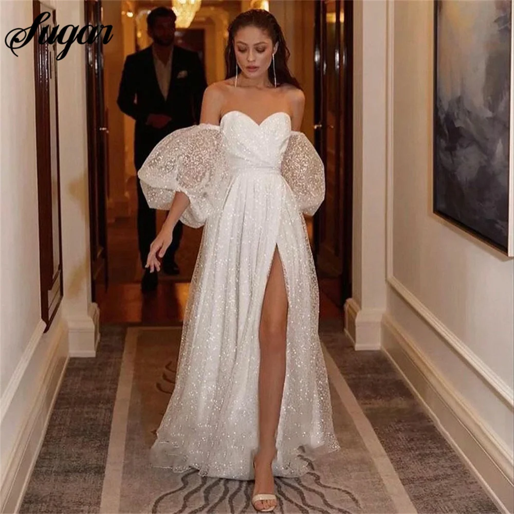 

Shiny Sweetheart Princess Wedding Dresses For Bride Glitter Tulle Puff Sleeve Strapless Boho Bride Dresses Vestidos de novia