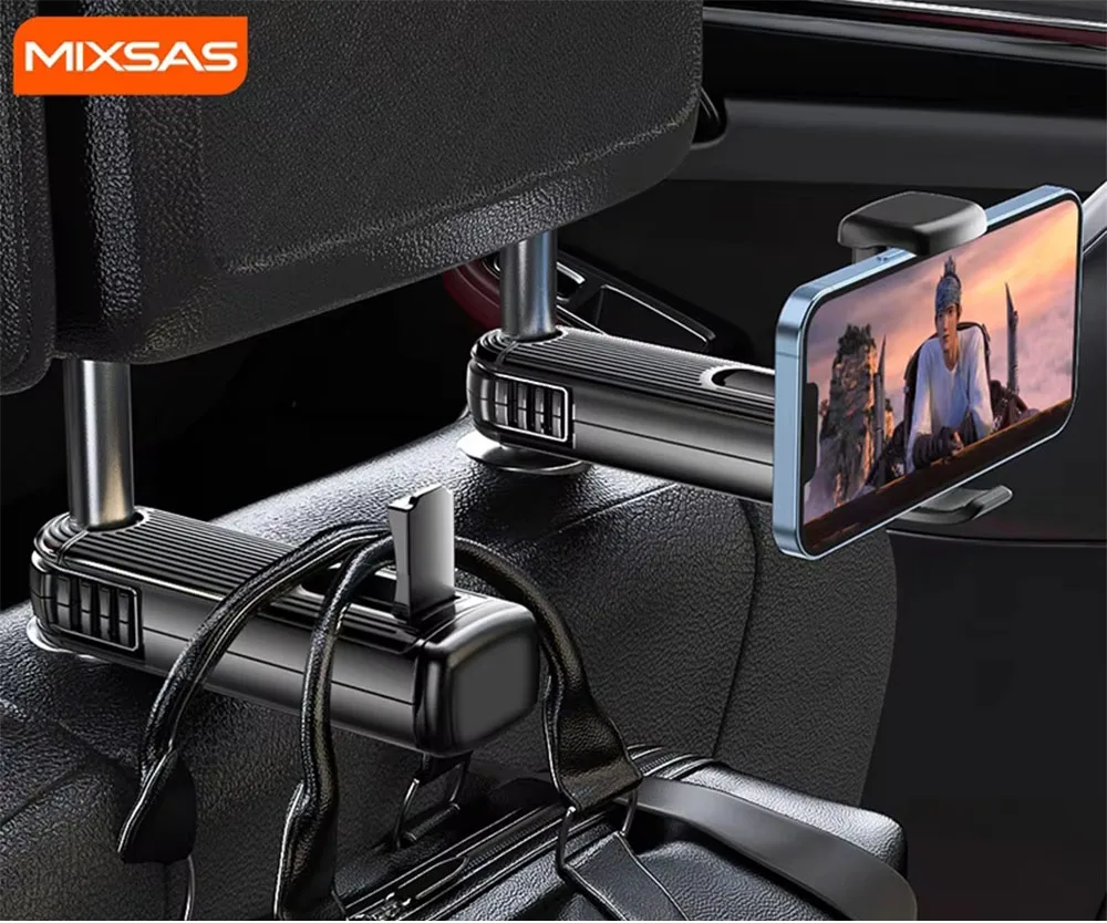 

MIXSAS Fashion Car Headrest Hook Bracket Vehicle Phone Hanger Accessories 2in1 Back Seat Holder Clips 360° Rotation Auto Supplie