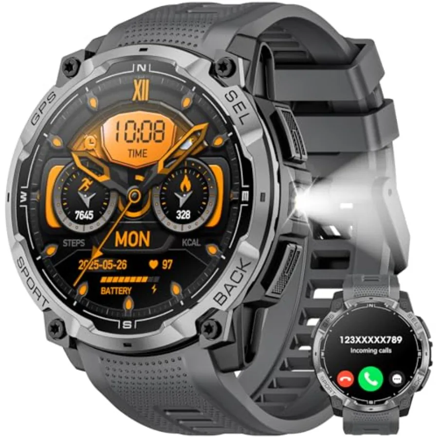 

Военные умные часы для мужчин с GPS, 1.43 AMOLED, Bluetooth, функцией звонков, LED-фонариком, прочные тактические часы для Android и iOS, водонепроницаемость 3ATM.
