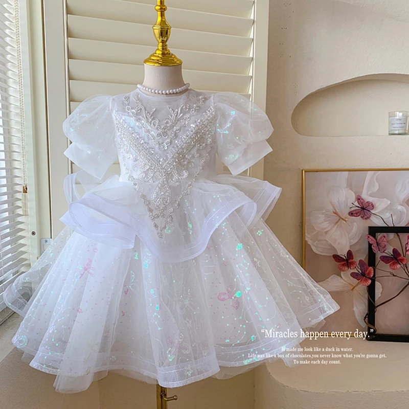 Summer New 3 4 5 6 7 8 9 10 Years Girls Piano Outfit Short Sleeve Princess Bowtie Ball Gown Dress For Kids Baby Birthday Gift